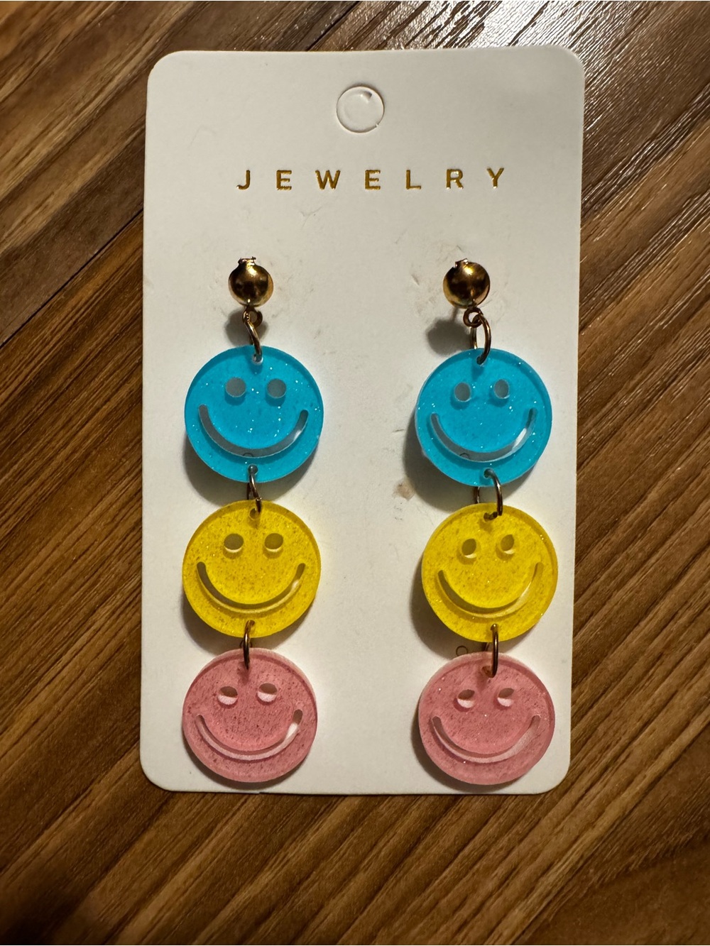 Colorful Smiley Drop Earrings — Blue, Yellow & Pink